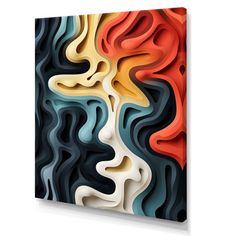 an abstract painting on the wall with different colors and shapes in black, orange, yellow, red, blue