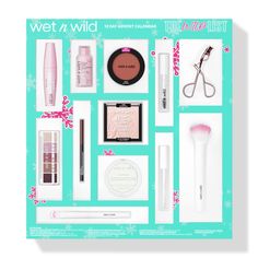 the contents of a wet n wild travel kit are displayed on a turquoise background with snowflakes