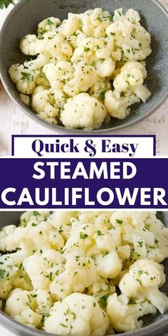 Steamed cauliflower in a gray bowl, with parsley and lemon behind. Stove Top Cauliflower Recipes, Steamed Cauliflower With Cheese, How To Cook Fresh Cauliflower, Cauliflower Stovetop Recipes, How To Cook Cauliflower On The Stove, Microwave Cauliflower Recipes, Cauliflower Recipes Microwave, Califlower Recipes Side Dishes Easy, Steam Veggies On Stove