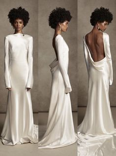 three different views of the back of a woman's wedding dress, from left to right