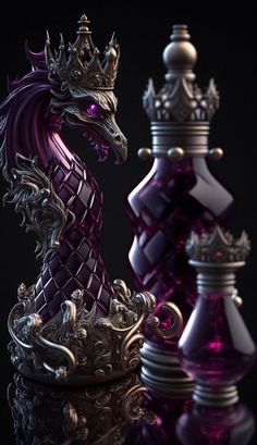 a purple and silver chess set on a black surface with the queen's crown