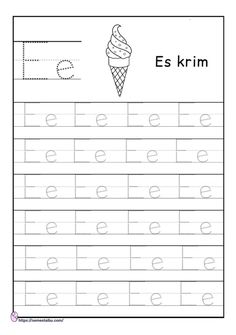 the letter e is for ice cream worksheet with an upper and lower case