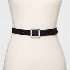 Elevate your accessories collection with this Chunky Center Bar Belt from A New Day™. This classic belt in a solid finish makes a go-to styling piece in your accessories collection. It features a square center bar in a silver finish for a polished look, and the multiple hole adjustments help you get the right fit every time. Whether paired with formal trousers or wrapped around the waist of a dress, this center bar belt lends on-trend flair to any outfit. Modern Black Rectangular Belt, Chic Fitted Belt With Buckle Closure, Elegant Adjustable Belt, Elegant Adjustable Rectangular Belt, Trendy Black Belt For Everyday Wear, Modern Black Belt Buckles For Everyday, Classic Belt, Formal Trousers, Silver Belt