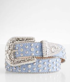 BKE Denim Glitz Belt - Blue Medium, Women's Silver Rhinestone 1 1/2 faux leather belt Shot bead trim. 70% PU 20% Metal 10% Glass.. WOMEN'S BELT SIZE CONVERSION CHART Jean Size 23-24 25-26 27-28 29-30 31-32 Belt Size XS S M L XL Belt Length** 34 37 40 43 46 *Conversion sizes may vary. **Measures from end to end excluding the buckle. These are general guidelines and sizing is dependent on belt being worn at natural waistline or the hip. Apparel & Accessories 90s Belt Women, Cutest Belts, Cute Belts For Jeans, Cute Belts, Bb Belt, Rhinestone Belts, Cholo Style, Y2k Belt, Cute Belt