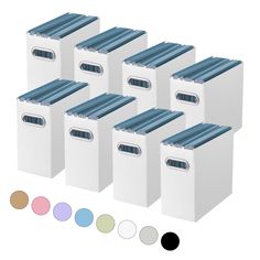 six white storage containers with different colors