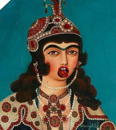 a painting of a woman wearing a crown and holding a red apple in her mouth