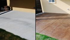 before and after photos of a concrete driveway with grass in front of the garage door