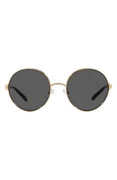 Elevate your chic style with these retro-inspired round sunglasses fitted with full-coverage UV-protective lenses. 54mm lens width; 19mm bridge width; 140`mm temple length 100% UV protection Adjustable nonslip nose pads Metal Imported Luxury Sunglasses With Tinted Lenses And Round Frame, Luxury Sunglasses With Tinted Round Frame, Luxury Round Frame Sunglasses With Tinted Lenses, Luxury Sunglasses With Polarized Round Frame, Luxury Polarized Round Frame Sunglasses, Luxury Sunglasses With Uv Protection And Round Frame, Luxury Round Frame Sunglasses With Uv Protection, Gold Round Sunglasses With Gradient Lenses, Luxury Round Sunglasses With Mirrored Lenses