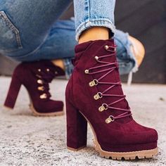 Shoes For College, College Shoes, Kasut Tumit Tinggi, Hak Tinggi, Heel Sneakers, Short Suede Boots, Chunky Heel Ankle Boots, Lace Up High Heels, Chunky Shoes