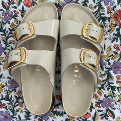 Brand New, But No Box. In Excellent Condition. Gold Big Buckles. Patent Leather. I Have Narrow Feet And Prefer The Normal Buckle Sandals. Birkenstock Big Buckle, Arch Support Sandals, Shoes Birkenstock, Birkenstock Women, Uniqlo Bags, Womens Camo, Birkenstock Sandals, Swim Shoes, Beige Shoes