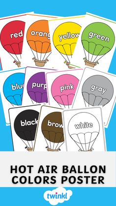 Our Color Words on Hot Air Balloons are an adorable addition to your decor! Each beautifully illustrated poster features a colored hot air balloon and the corresponding color word. Display the posters in your classroom as a reference for reading and writing! Hot Air Balloon Decorations Classroom, Colors Posters For Classroom, Ballon Theme, Preschool Small Group, Balloon Room, Balloon Craft, Hot Air Balloon Craft