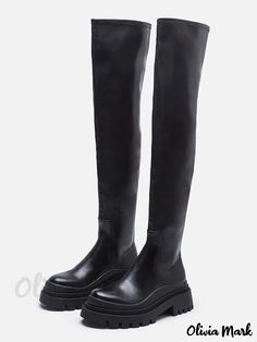 Olivia Mark - Stylish Womens Flatform Thigh High Black Over the Knee Boots White Knee High Boots, Boots Elegant, Womens Thigh High Boots, Black Flat Boots, Thigh High Boots Flat, Knee High Boots Flat, Knee Length Boots, Chunky Heel Ankle Boots, Black Knee High Boots