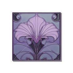 a purple flower with swirls in the middle and an ornate frame around it on a white background