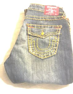 Waist measures 16 1/2 " across when laid flat. Inseam measures 33", rise  9" from seam in crotch to top of waist, Hips 20". KINDLY MEASURE ONE OF YOUR JEANS TO ENSURE PROPER FIT BEFORE BUYING Thrift Board, True Religion, Wardrobe, Best Deals, Pants, Gold, Clothes, Trousers