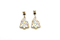 two christmas tree shaped earrings on white background