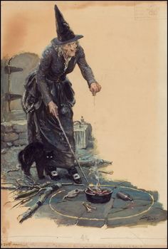 an old woman dressed in black with a witch hat and broom stirring a pot on the ground