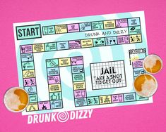 a game board with drinks on it and the words drunk dizzy written in white