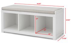 a white bench with two shelves and a cushion on the top, measurements for each shelf