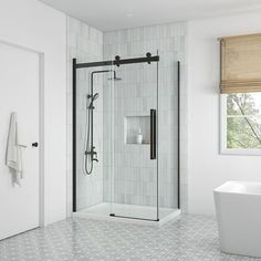 Now it's no wonder that her name means beauty! Introducing the Bel 32-inch semi-frameless glass shower side panel by OVE Decors. Its strong tempered glass panel is a stunner in any bathroom. A perfect pairing for a corner shower installation of the Bel Soft-Close sliding shower door collection, available in 48-in and 60-in sizes. Size: 32".  Color: Black. Glass Shower Door Small Bathroom, Simple Farmhouse Shower, Glass Door For Shower Walk In, Standing Shower With Glass Door, Black Hardware Shower, 48x60 Shower Ideas, Shower Kit Ideas Bathroom, Semi Frameless Shower Door, Reeded Glass Shower Door