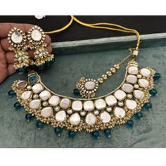 Gold Rodium Polish Blue color Necklace in Metal Alloy studded with Kundan, Pearl Maroon Necklace, Bridal Jewelry Necklace, Wedding Necklace Set, Kundan Choker, Bridal Choker, Indian Jewelry Sets, Color Necklace, Choker Necklace Set, Metal Necklace