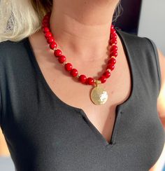 Statement Big Red Beaded Necklace for Women.Elegant Gemstone Jewelry   ☀️Dimension: 46 cm + 3 cm extention chain If you do not want an extension chain or need additional extension chain, please inform me. 🌈Materials: Red Turquoise,14k gold plated 🔴 30% Discount for 2 items use the code: 2ITEMS30 🔴 35% Discount for 3 or more items use the code: MOREITEM35 Visit my shop for all designs: https://www.etsy.com/shop/MervuHandmadeJewelry ✈️Trackable Shipping Necklace comes in a jewelry box 💎Made fr Red Beaded Necklaces With Natural Stones, Red Beaded Necklaces With Large Round Beads, Handmade Red Beaded Necklaces With Round Pendant, Red Pendant Beads For Gifts, Red Necklaces With Natural Stones And Round Beads, Red Beaded Pendant Necklace, Handmade Red Beaded Necklace With Round Pendant, Red Necklaces With Natural Stone Round Beads, Red Beaded Pendant Necklace With Natural Stones