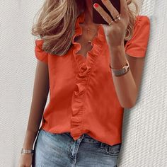 Women's Summer Ruffle V-Neck Short Sleeve Solid Color Casual T-Shirt Tops Feature: 1. Fashion women's tops. 2. design makes you more attractive. 3. High quality manufacturing. 4. There are fashionable short sleeves. 5.It's very fashion and make you so beauty. Material: 95% polyester 5% elastane Occasion: Daily, show the case, party Washing method: machine wash Season: spring, summer, autumn Size: L.  Color: Orange.  Gender: female.  Age Group: adult. Women Shirts Blouse Casual, Patchwork Fashion, Retro Tops, Ruffles Fashion, Top Shirt Women, Ruffle Shirt, Womens Tops Summer, Women Tunic Tops, Casual Tops For Women