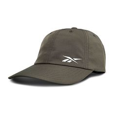 a gray hat with white logo on the front and back side, sitting against a white background