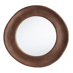 a round mirror is shown against a white background and has a dark brown finish to it