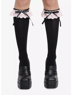 Pink Lace Black Bow Knee-High Socks Goth Kawaii Fashion, Goth Socks, Knee High Socks Outfit, High Socks Outfits, Girlfriend Clothes, Black Kawaii, Kei Fashion, Sock Outfits, Lace Socks