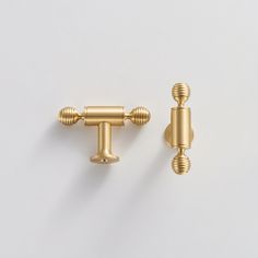 two gold colored handles and knobs on a white background, one is for the door