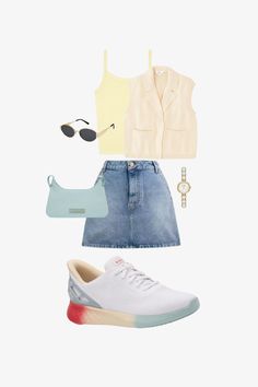 Summer outfit ideas, outfit idea, outfit ideas, rainbow sneakers, rainbow style, denim skirt outfit, colorful outfits, colorful outfits aesthetic Colorful Outfits Aesthetic, Style Denim Skirt, Denim Skirt Outfit, Outfit Ideas For Summer, Outfits Colorful, Rainbow Style, Rainbow Sneakers, Colorful Outfits, Denim Skirt Outfits