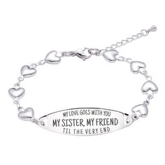 ♥ BEST GIFTS FOR GIRLS♥ - The engraved loving message "♥ My love goes with you til the very end.My sister,My Friend ♥" will not fade, with clearly visible. Good quality unique gifts on your behalfto her unique love,is a best cute matching bracelets for best friends♥ PERFECT SIZE:This Fashion Sister bracelets with Polished to a brilliant shine,measures 7 inches add 1.5 inches extender that secures with a lobster clasp. This length works great for just about all women! ♥PREMIUM QUALITY: linnalove Personalized Heart Bracelet For Best Friend Gift, Engraved Heart Bracelet For Valentine's Day Friendship, Engraved Heart Bracelet For Friendship On Valentine's Day, Matching For Best Friends, Cute Matching Bracelets, Matching Bracelets For Best Friends, Sister Bracelets, Bff Bracelets, Best Friend Bracelets