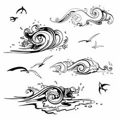 sea waves and birds flying in the sky with water splashing on them, black and white