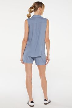 Feel the breeze in this lightweight, three-piece set, featuring a collared tank top with a button-up front, matching chambray shorts with a comfort waistband, and a seamless bra with a sweetheart neckline. Vacation Tops With Built-in Shorts, Spring Loungewear Short Set, Chic Summer Cotton Sleepwear, Blue Summer Short Set For Loungewear, Blue Summer Loungewear Short Set, Blue Short Set For Summer Loungewear, Fitted Pajama Shorts For Summer Loungewear, Fitted Pajama Shorts For Summer, Summer Sleepwear With Built-in Shorts