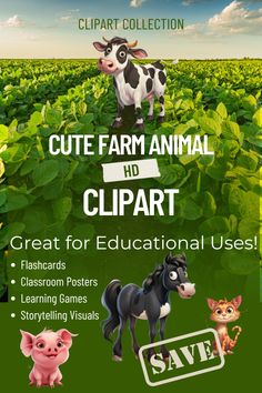 an advertisement for the cute farm animal clipart program, with pictures of animals and plants