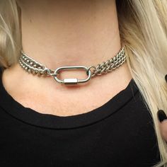 Super chunky punk style choker necklace with large carabiner clasp. Unisex double layer chunky curb chain choker necklace with a large easy open/close carabiner clasp. Clasp and chain are made from high quality stainless steel so will not tarnish or discolour! Available in various sizes: 14.5 inches ( shown in photographs) 15.5 inches 16.5 inches 17.5 inches Please note all measurements are including clasp. If you would like a different size not shown here please don't hesitate to contact me ☺️ Clasp measures 36x19mm. 💕You will receive this necklace gift wrapped ready to give as a gift to someone special or as a special treat for yourself! 💕 Trendy Silver Choker For Concert, Trendy Chain Choker For Concerts, Punk Style Adjustable Chain Link Necklace, Metal Chain Link Choker With Lobster Clasp, Punk Style Chain Link Jewelry With Lobster Clasp, Silver Chain Link Choker, Trendy Chunky Chain Choker, Edgy Metal Chain Link Choker, Silver Punk Chain Link Necklace