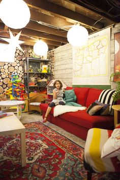 Red Couch Living Room, Finished Basement Designs, Wall Galleries, Old Basement, Basement Studio, 1960s Home, Narrow Living Room, Basement Inspiration, Cozy Basement