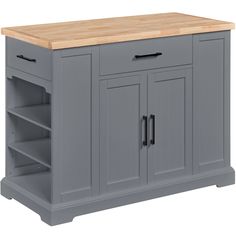 a gray kitchen island with wooden top