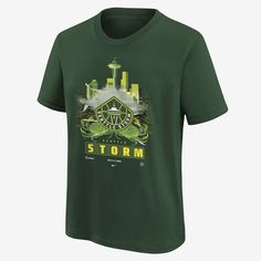 Let your Seattle Storm pride take front and center in this WNBA T-shirt. Dropped shoulders, longer sleeves and a roomy fit through the body and hips give the Max90 tee a relaxed and casual look. Nike Green Graphic Print T-shirt, Front Print Cotton T-shirt For Fan Gear, Cotton T-shirt With Front Print For Fans, Nike Team Spirit Graphic T-shirt, Nike T-shirt With Graphic Print For Team Spirit, Nike Graphic Tee For Fans, Nike Team Spirit Cotton T-shirt, Nike Team Spirit T-shirt For Streetwear, Nike Sports Fan T-shirt With Short Sleeves