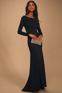 Black Long Dress Elegant, Black Long Sleeve Maxi Dress, Long Sleeve Wedding Guest Dresses, Long Sleeve Black Maxi Dress, Chic Black Dress, Winter Wedding Guest Dress, Elegant Wedding Guest Dress, Wedding Guest Dresses, Backless Maxi Dresses