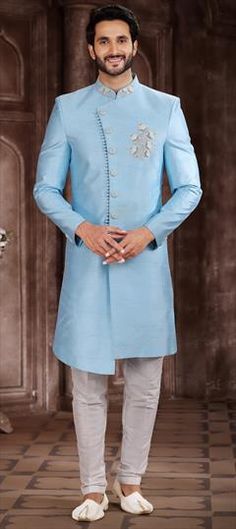 Blue color Sherwani in Art Silk fabric with Embroidered work Sky Blue Sherwani, Blue Sherwani, Wedding Sherwani, Woven Art, Wedding Blue, Silk Wedding, Color Art, Silk Fabric, Colorful Art