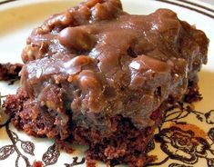 a piece of chocolate cake sitting on top of a plate