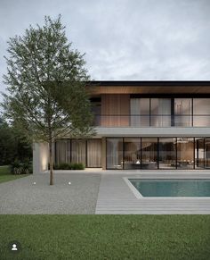 a modern house with a pool in the front yard and trees on the other side