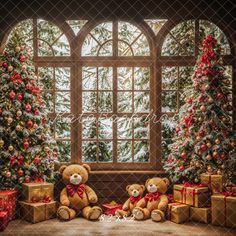 two teddy bears sitting in front of christmas trees and presents under a large window with the words merry written on it