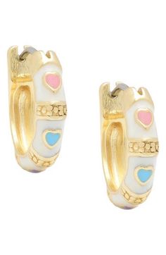 Colorful hearts add instant charm to these kid-size hoop earrings that'll easily elevate their everyday ensembles. Adult supervision strongly recommended; jewelry presents choking hazard and should be removed when infant or small child is unattended Goldtone plate/enamel Imported Nickel Free White Huggie Jewelry, Nickel-free White Huggie Jewelry, White Nickel-free Huggie Jewelry, White Hypoallergenic Huggie Jewelry, Hypoallergenic White Huggie Jewelry, Cute White Huggie Jewelry, Cute Huggie Hoop Earrings For Valentine's Day, Cute Huggie Jewelry For Valentine's Day, Valentine's Day Cute Huggie Hoop Earrings