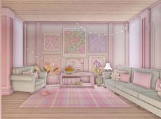 a living room filled with lots of furniture and pink accents on the walls, along with paintings