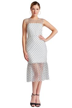 Model wearing white mesh with black polka dots sleeveless midi dress with sheer ruffle hem and round neckline. Summer Evening Party, Muse Dress, Bold Lip, Black Polka Dot Dress, The Muse, White Dress Party, Cocktail Party Dress, White Mesh, Summer Evening