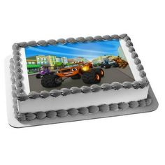 a birthday cake with an image of cars on it