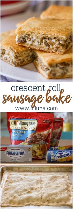 cheese and roll sausage bake is shown in this collage with text overlay