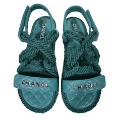 Chanel 21s Dad Green Blue Cord Rope Cc Quilted Mule Ankle Strap Sandal Flat 40 ********** Chanel ********** Brand: Chanel Size: 40 (Know Your Chanel Size) Name: Cord Sandal Color: Green Style: 21s Style#: G34602 Y55287 0k787 Material: Cord &; Lambskin Cc Side Strap Logo Green Cord Rope Straps Color On Box Says Green, Has Blue Look To It Green Lambskin Leather Quilted Material Chanel Silver Metal Letter Logo Front Logo Adjustable Hook And Loop Side Quilted Strap Brand New In Box, Comes With Origi Designer Blue Sandals For Spring, Blue Flat Heel Sandals With Woven Sole, Blue Sandals With Woven Sole And Flat Heel, Blue Sandals With Woven Flat Heel, Blue Synthetic Sandals With Woven Sole, Designer Synthetic Sandals For Summer, Chanel Mules, Ankle Strap Sandals Flat, Chanel Brand